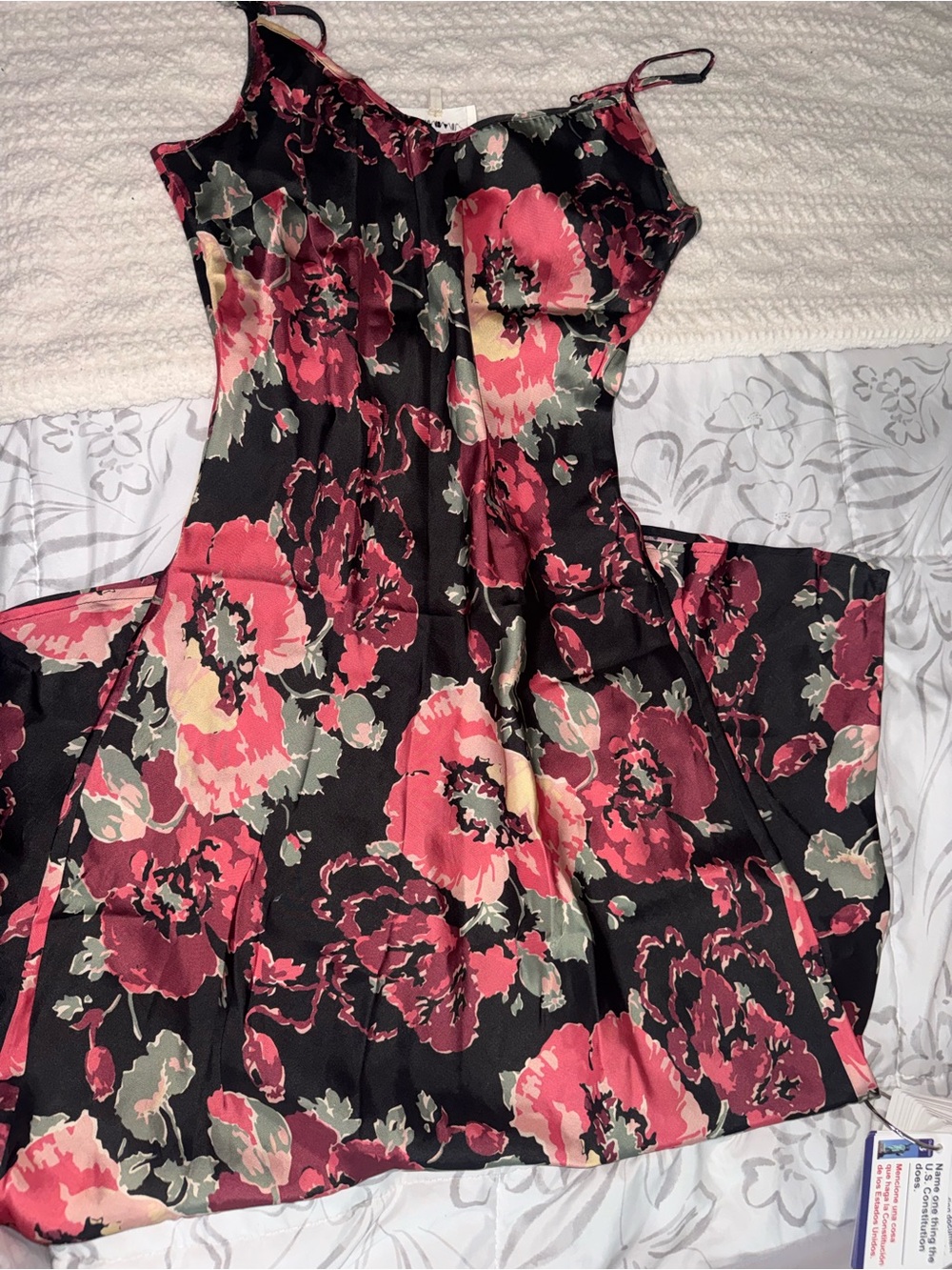 Greats Black Slip Dress with Pink and Green Floral Print